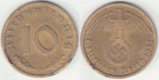 1937 D Germany 10 Pfennig A004115.